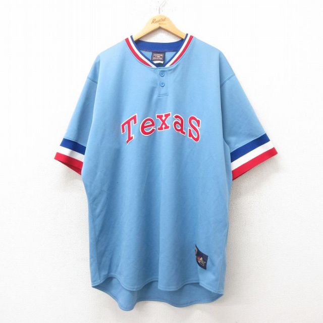 【20%OFF】XL★古着 マジェスティック 半袖 ビンテージ Tシャツ メンズ 00年代 00s MLB テキサスレンジャーズ 大きいサイズ ロング丈 ヘンリーネック USA製 水色 メジャーリーグ ベースボール 野球 25jun12 中古