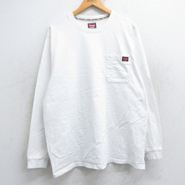 XL★古着 ラングラー Wrangler 長袖 Tシャツ メンズ ワンポイントロゴ 胸ポケット付き コットン クルーネック 白 ホワイト 25jun12 中古