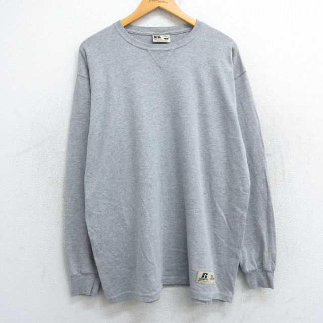 【50%OFF】XL★古着 ラッセル 長袖 Tシャツ メンズ 無地 クルーネック グレー 霜降り 25jun12 中古