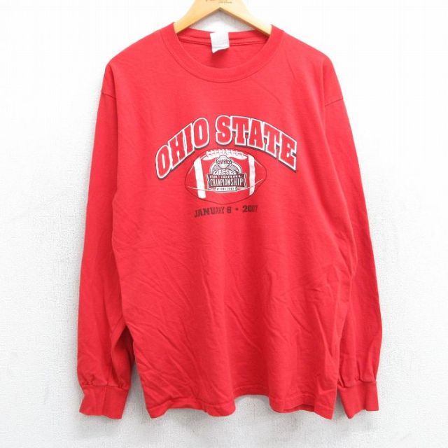 L★古着 長袖 ビンテージ Tシャツ メンズ 00年代 00s オハイオステート フットボール コットン クルーネック 赤 レッド 25jun12 中古