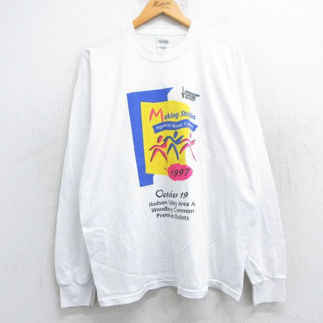 XL★古着 フルーツオブザルーム 長袖 ビンテージ Tシャツ メンズ 90年代 90s 棒人間 Making strides クルーネック USA製 白 ホワイト 25jun12 中古