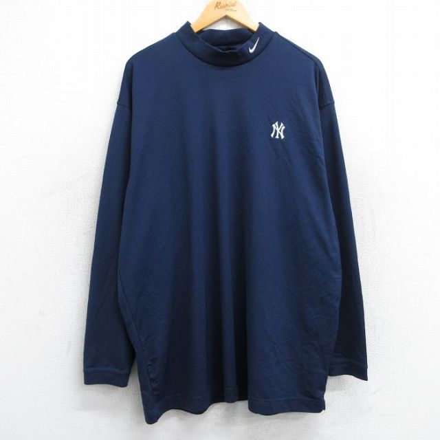 XL★古着 ナイキ NIKE ゴルフ 長袖 Tシャツ メンズ MLB ニューヨークヤンキース ワンポイントロゴ 大きいサイズ ロング丈 モックネック ハイネック 紺 ネイビー メジャーリーグ ベースボール 野球 25jun13 中古