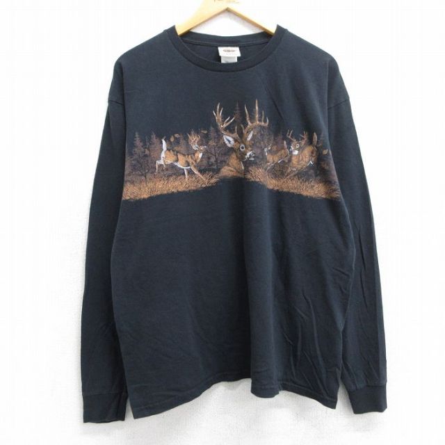 【50%OFF】XL★古着 長袖 ビンテージ Tシャツ メンズ 00年代 00s シカ コットン クルーネック 黒 ブラック 25jun13 中古