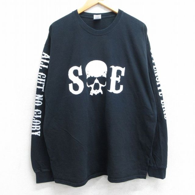 XL★古着 長袖 ビンテージ Tシャツ メンズ 00年代 00s スカル 鳥 コットン クルーネック 黒 ブラック 25jun13 中古