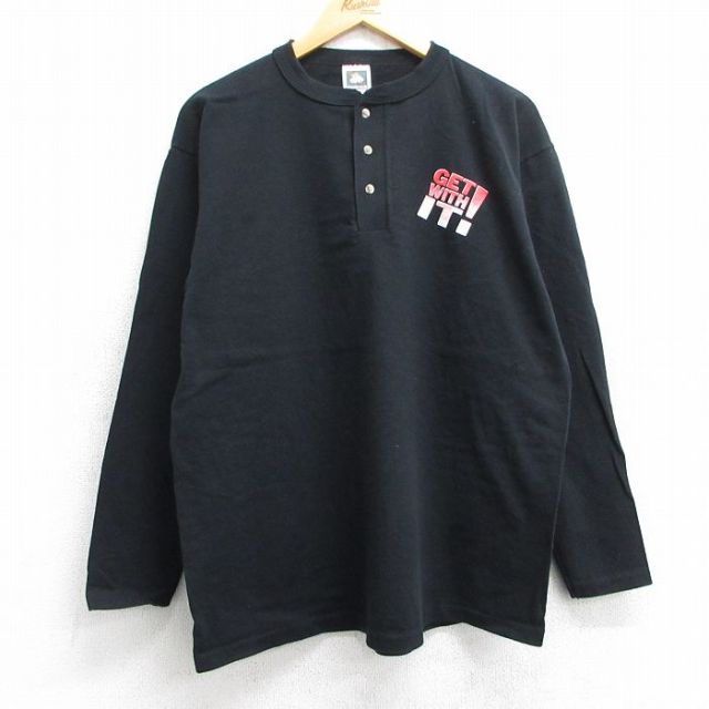 L★古着 長袖 ビンテージ Tシャツ メンズ 90年代 90s GET WITH IT コットン ヘンリーネック USA製 黒 ブラック 25jun13 中古