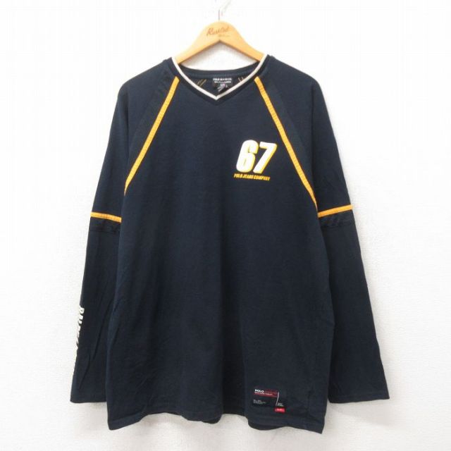 【50%OFF】【20%OFF】XL★古着 ラルフローレン Ralph Lauren ポロジーンズ 長袖 ブランド Tシャツ メンズ 00年代 00s 67 大きいサイズ ラグラン Vネック 黒 ブラック 25jun13 中古