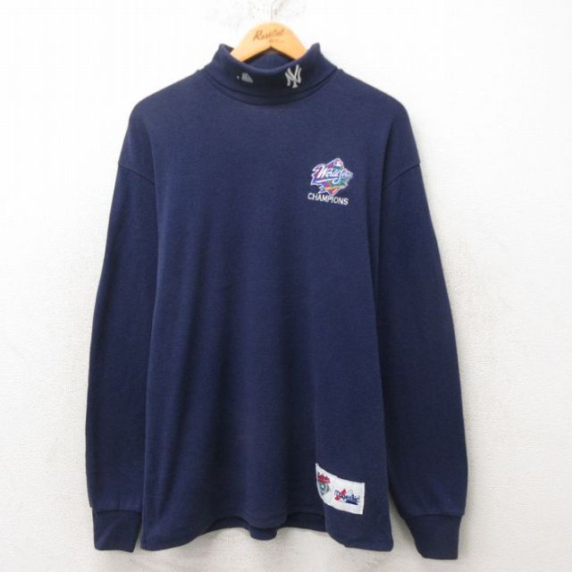 XL★古着 マジェスティック 長袖 ビンテージ Tシャツ メンズ 90年代 90s MLB ニューヨークヤンキース タートルネック ハイネック USA製 紺 ネイビー メジャーリーグ ベースボール 野球 25jun13 中古