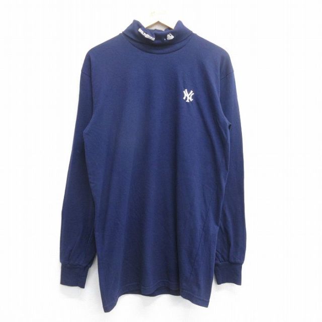 L★古着 マジェスティック 長袖 ビンテージ Tシャツ メンズ 90年代 90s MLB ニューヨークヤンキース ワールドシリーズ タートルネック ハイネック USA製 紺 ネイビー メジャーリーグ ベースボール 野球 25jun16 中古