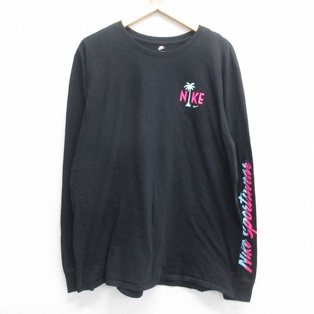 XL★古着 ナイキ NIKE 長袖 Tシャツ メンズ ビッグロゴ ヤシの木 大きいサイズ コットン クルーネック 黒 ブラック 25jun16 中古