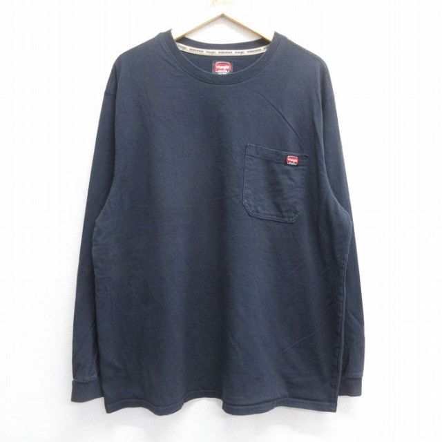 XL★古着 ラングラー Wrangler 長袖 Tシャツ メンズ 胸ポケット付き コットン クルーネック 濃紺 ネイビー 25jun16 中古