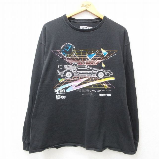 XL★古着 長袖 Tシャツ メンズ 映画 バックトゥザフューチャー 大きいサイズ コットン クルーネック 黒 ブラック 【spe】 25jun19 中古