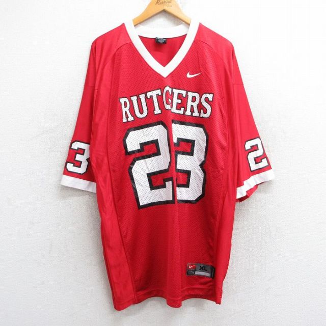 【20%OFF】XL★古着 ナイキ NIKE 半袖 ビンテージ フットボール Tシャツ メンズ 90年代 90s ラトガース 23 ラグラン メッシュ地 大きいサイズ ロング丈 Vネック 赤他 レッド ユニフォーム ゲームシャツ 25jun18 中古