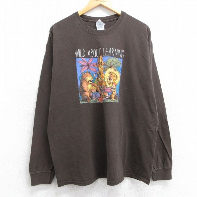 【20%OFF】XL★古着 長袖 ビンテージ Tシャツ メンズ 00年代 00s ライオン クマ キリン コットン クルーネック 茶 ブラウン 25jun19 中古