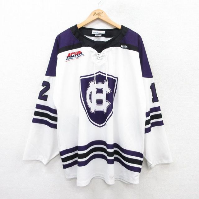 XL★古着 長袖 ビンテージ Tシャツ アイスホッケー ジャージ メンズ 00年代 00s ホーリークロスクルセイダーズ 12 ロング丈 大きいサイズ カナダ製 白他 ホワイト 25jun20 中古
