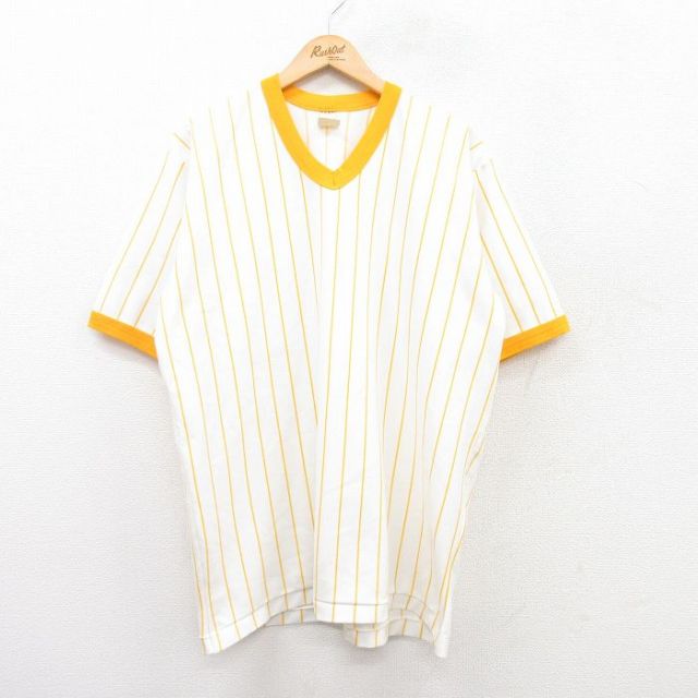 XL★古着 半袖 ビンテージ Tシャツ メンズ 80年代 80s Vネック 白他 ホワイト ストライプ 25jun20 中古