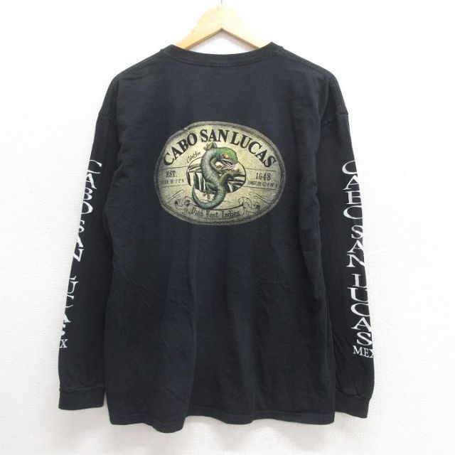 XL★古着 長袖 Tシャツ メンズ トカゲ コットン クルーネック 黒 ブラック 25jun20 中古