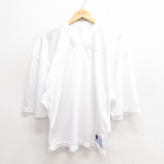 【50%OFF】L★古着 チャンピオン champion 半袖 ビンテージ フットボール Tシャツ メンズ 90年代 90s 無地 メッシュ地 Vネック USA製 白 ホワイト 【spe】 25jun20 中古