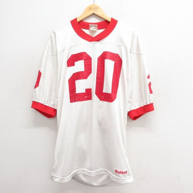 L★古着 半袖 ビンテージ フットボール Tシャツ メンズ 80年代 80s 20 ロング丈 メッシュ地 Vネック USA製 白 ホワイト 25jun20 中古