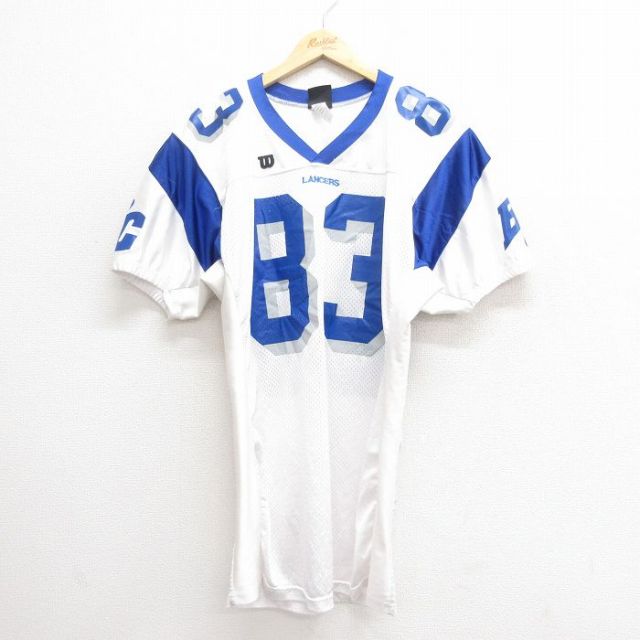 L★古着 ウィルソン 半袖 ビンテージ フットボール Tシャツ メンズ 90年代 90s 83 ロング丈 メッシュ地 Vネック USA製 白 ホワイト ユニフォーム ゲームシャツ 25jun20 中古