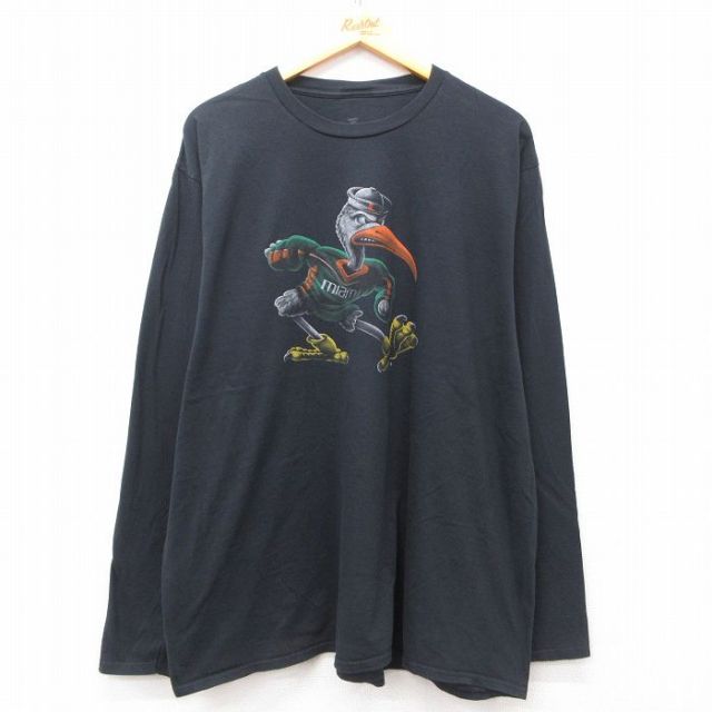 XL★古着 長袖 Tシャツ メンズ マイアミハリケーンズ 大きいサイズ コットン クルーネック 黒 ブラック 25jun21 中古