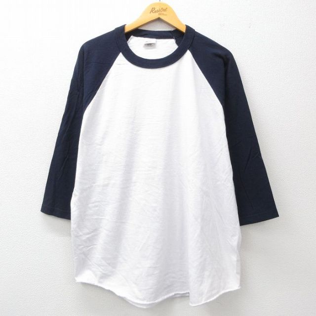 XL★古着 7分袖 Tシャツ メンズ 無地 ツートンカラー ラグラン コットン クルーネック 白他 ホワイト 25jun23 中古 7分丈 七分丈 七分袖