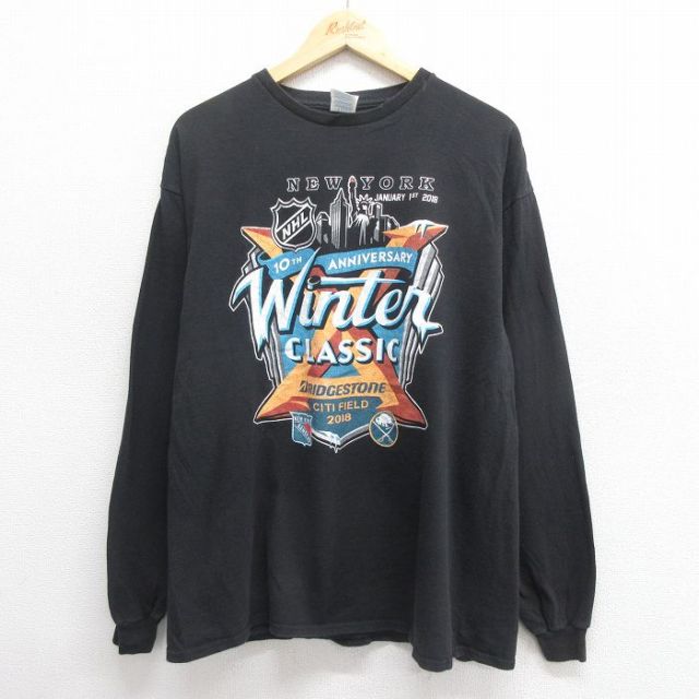 XL★古着 長袖 Tシャツ メンズ NHL ニューヨークレンジャーズ コットン クルーネック 黒 ブラック アイスホッケー 25jun24 中古