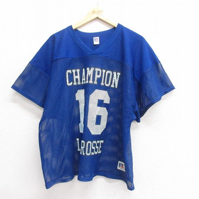 XL★古着 ラッセル 半袖 フットボール Tシャツ メンズ 00年代 00s ラクロス 大きいサイズ メッシュ地 Vネック 青 ブルー ユニフォーム ゲームシャツ 25jun24 中古