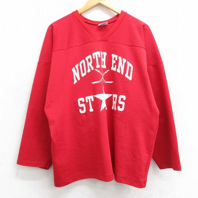 XL★古着 長袖 ビンテージ Tシャツ アイスホッケー ジャージ メンズ 90年代 90s NORTH END 33 メッシュ地 大きいサイズ Vネック USA製 赤 レッド ゲームシャツ ユニフォーム 25jun25 中古