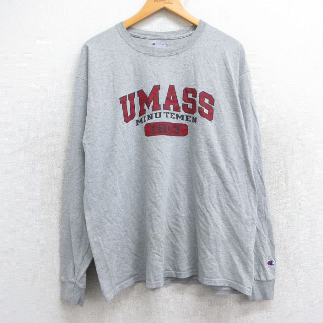XL★古着 チャンピオン Champion 長袖 Tシャツ メンズ UMASS ミニットマン クルーネック グレー 霜降り 25jun25 中古