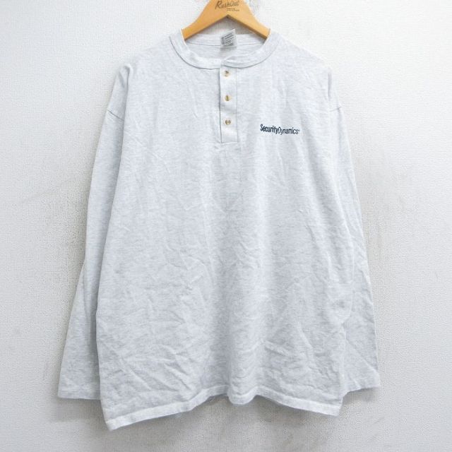 XL★古着 長袖 ビンテージ Tシャツ メンズ 90年代 90s セキュリティ Dynamics 大きいサイズ ヘンリーネック USA製 薄グレー 霜降り 25jun25 中古