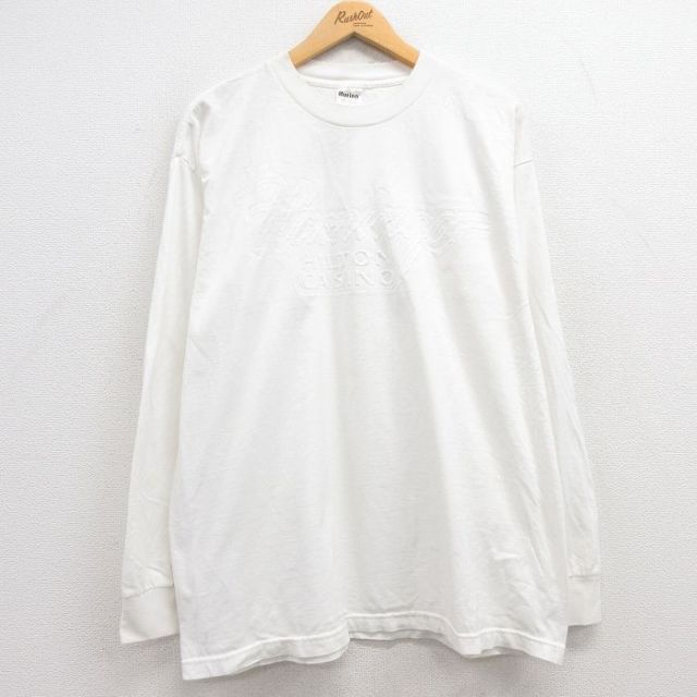 XL★古着 長袖 ビンテージ Tシャツ メンズ 90年代 90s ヒルトン カジノ コットン クルーネック USA製 白 ホワイト 25jun27 中古
