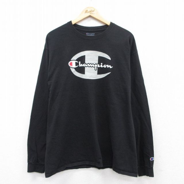 【50%OFF】チャンピオン 長袖Tシャツ ビッグロゴ ブラック XL | 古着