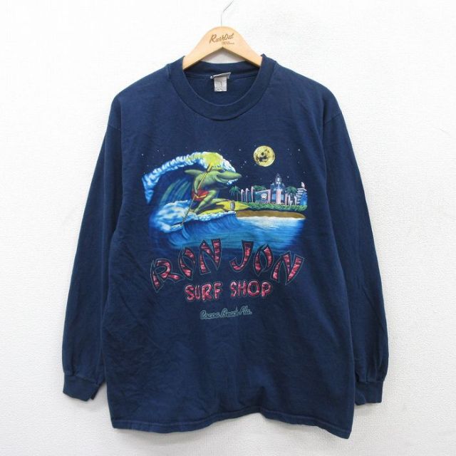 L★古着 長袖 ビンテージ Tシャツ メンズ 90年代 90s ロンジョン サメ サーフィン コットン クルーネック USA製 紺 ネイビー 【spe】 25jun27 中古