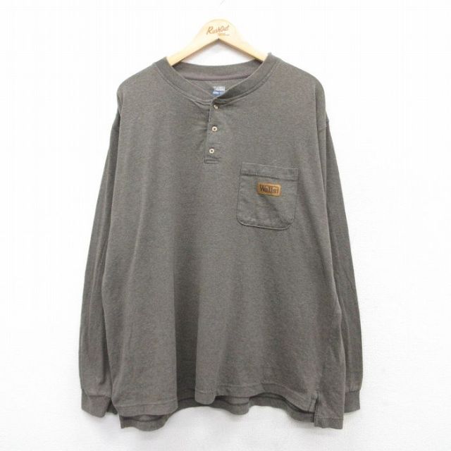 XL★古着 ウォールズ 長袖 Tシャツ メンズ 胸ポケット付き 大きいサイズ ヘンリーネック 茶 ブラウン 霜降り 25jun27 中古
