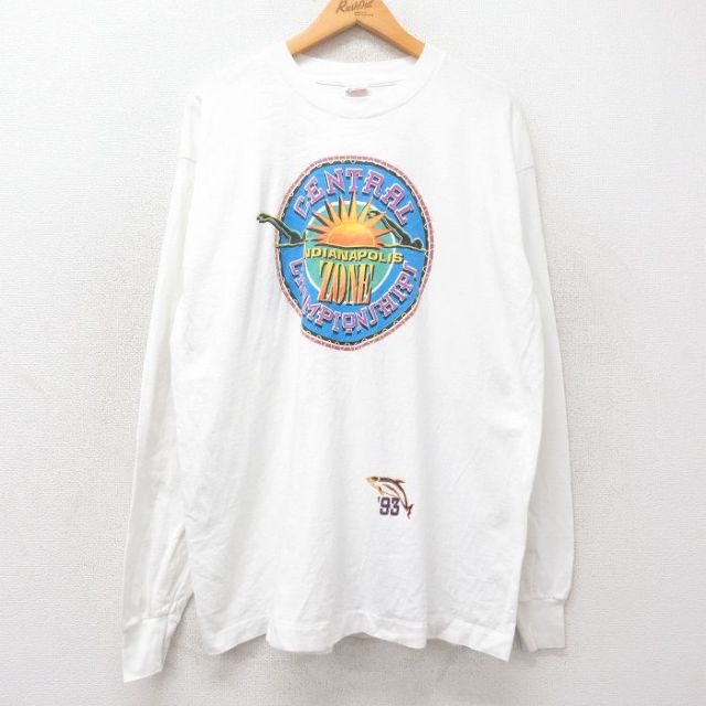 【50%OFF】XL★古着 フルーツオブザルーム 長袖 ビンテージ Tシャツ メンズ 90年代 90s INDIANAPOLIS ZONE コットン クルーネック USA製 白 ホワイト 【spe】 25jun27 中古