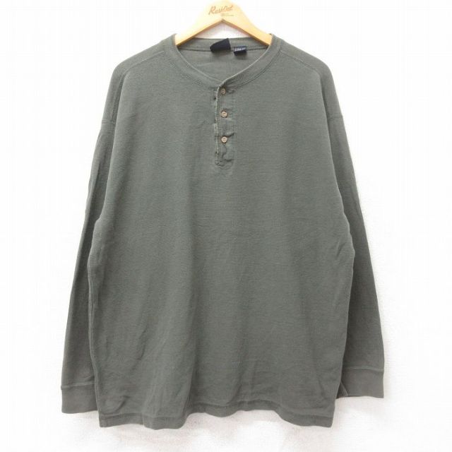 XL★古着 ルート66 長袖 ビンテージ Tシャツ メンズ 00年代 00s 無地 鹿の子 大きいサイズ コットン ヘンリーネック 濃緑 グリーン 25jun27 中古