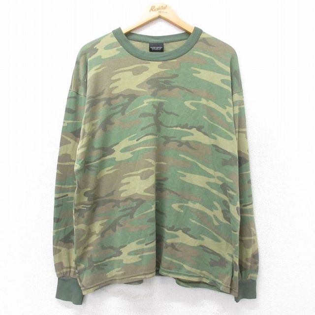 XL★古着 長袖 ビンテージ Tシャツ メンズ 00年代 00s ウッドランドカモ 大きいサイズ クルーネック 緑 グリーン 迷彩 25jun28 中古