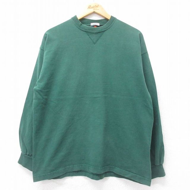 XL★古着 長袖 ビンテージ Tシャツ メンズ 90年代 90s 無地 コットン クルーネック USA製 緑 グリーン 【spe】 25jun28 中古