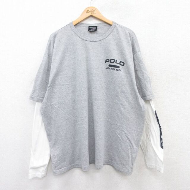 XL★古着 ラルフローレン Ralph Lauren ポロジーンズ 長袖 ブランド Tシャツ メンズ ワンポイントロゴ 大きいサイズ クルーネック グレー 霜降り他 【spe】 25jul01 中古