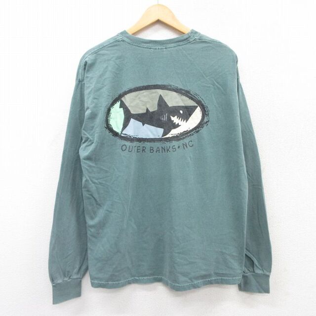 【50%OFF】XL★古着 長袖 ビンテージ Tシャツ メンズ 00年代 00s サメ コットン クルーネック 緑 グリーン 25jul01 中古