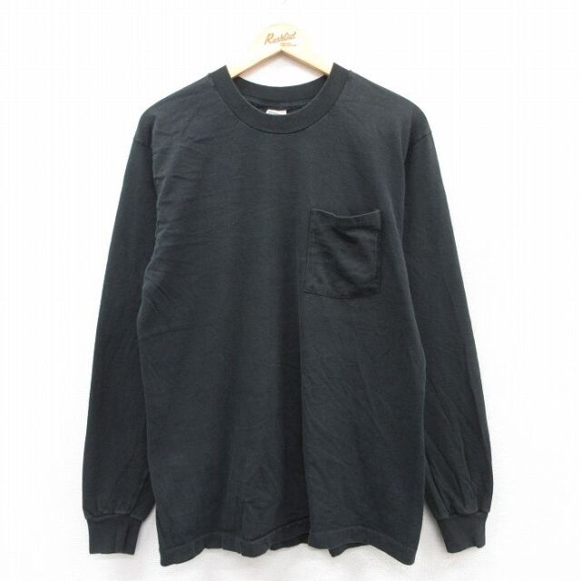 L★古着 長袖 ビンテージ Tシャツ メンズ 90年代 90s 無地 胸ポケット付き コットン クルーネック USA製 黒 ブラック 【spe】 25jul01 中古