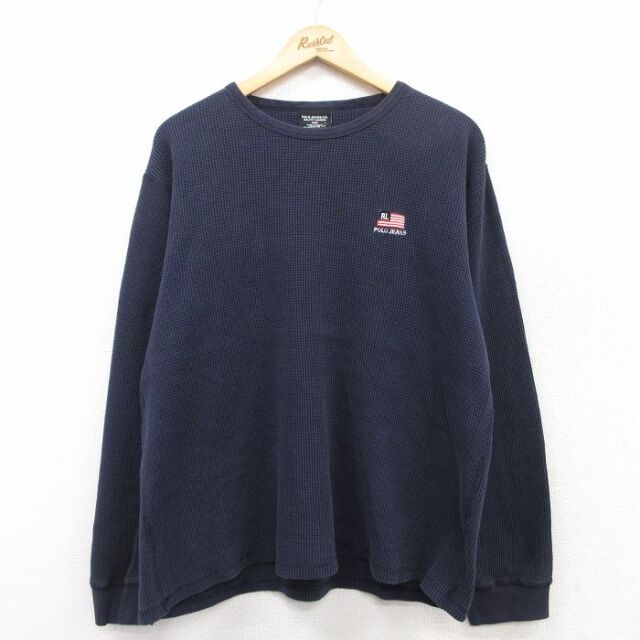 XL★古着 ラルフローレン Ralph Lauren ポロジーンズ 長袖 ブランド サーマル Tシャツ メンズ ワンポイントロゴ コットン クルーネック カナダ製 紺 ネイビー 25jul01 中古
