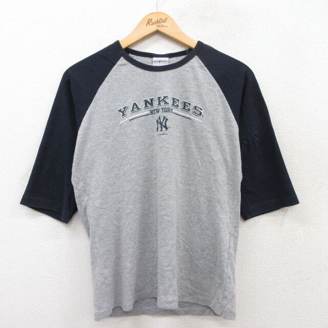 M★古着 7分袖 ビンテージ Tシャツ メンズ 00年代 00s MLB ニューヨークヤンキース ラグラン クルーネック グレー 霜降り他 メジャーリーグ ベースボール 野球 25jul01 中古 7分丈 七分丈 七分袖