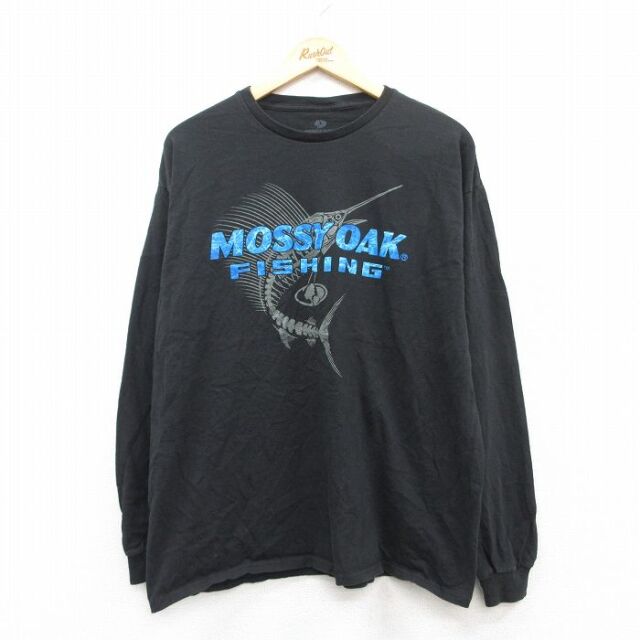 【20%OFF】XL★古着 長袖 Tシャツ メンズ モッシーオーク フィッシング カジキ コットン クルーネック 黒 ブラック 25jul01 中古