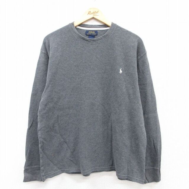 XL★古着 ラルフローレン Ralph Lauren 長袖 ブランド サーマル Tシャツ メンズ ワンポイントロゴ 大きいサイズ コットン クルーネック グレー 25jul01 中古