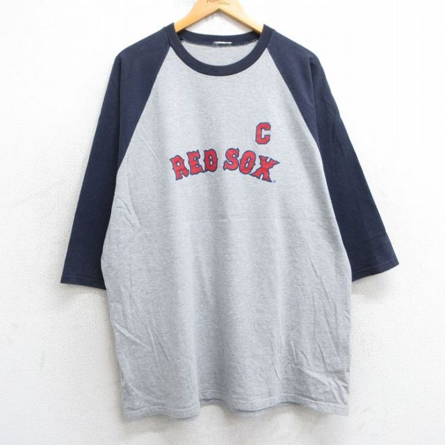【20%OFF】XL★古着 7分袖 Tシャツ メンズ MLB ボストンレッドソックス ジェイソンバリテック 33 ラグラン ツートンカラー ロング丈 大きいサイズ クルーネック グレー 霜降り メジャーリーグ ベースボール 野球 25jul02 中古 7分丈 七分丈 七分袖