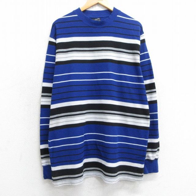 【20%OFF】XL★古着 長袖 ビンテージ サーマル Tシャツ メンズ 00年代 00s クルーネック 青他 ブルー ボーダー 25jul02 中古