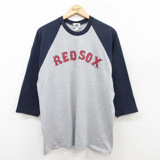 L★古着 リー Lee 7分袖 ビンテージ Tシャツ メンズ 00年代 00s MLB ボストンレッドソックス ラグラン ツートンカラー クルーネック USA製 グレー 霜降り他 メジャーリーグ ベースボール 野球 25jul02 中古 7分丈 七分丈 七分袖