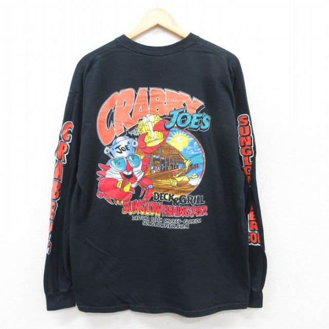 XL★古着 長袖 ビンテージ Tシャツ メンズ 00年代 00s ザリガニ 大きいサイズ コットン クルーネック 黒 ブラック 25jul02 中古