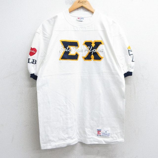 L★古着 半袖 ビンテージ フットボール Tシャツ メンズ 90年代 90s アルファ ギリシャ文字 CARLY 23 コットン クルーネック USA製 白 ホワイト 25jul02 中古